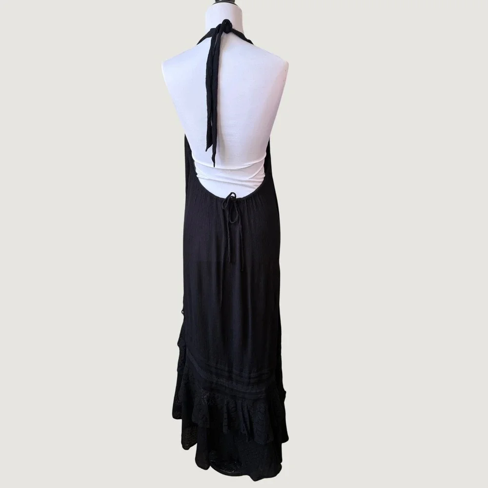 Free‎ People Black Gauze Halter Maxi Dress Open Back Handkerchief Hem Boho Small